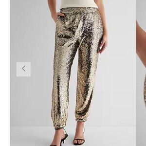 Express High Waisted Gold Sequin Joggers- Size Medium